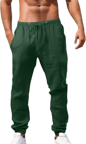 Mens Casual Linen Pants Straight-Leg Lightweight Joggers Loose Fit Pants Summer Hiking Hunting Beach Trousers