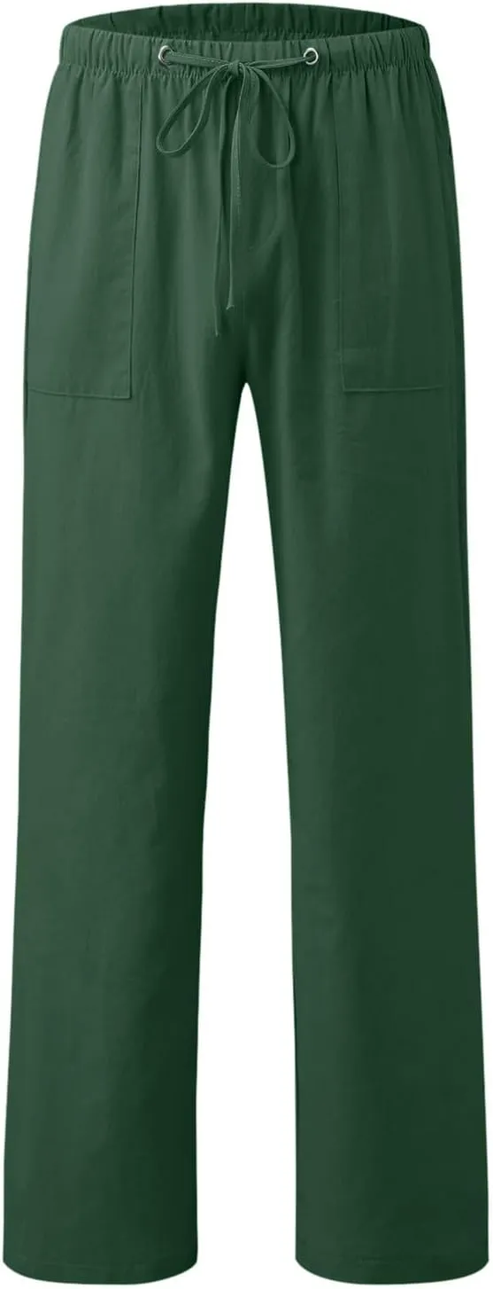 Mens Casual Linen Pants Straight-Leg Lightweight Joggers Loose Fit Pants Summer Hiking Hunting Beach Trousers