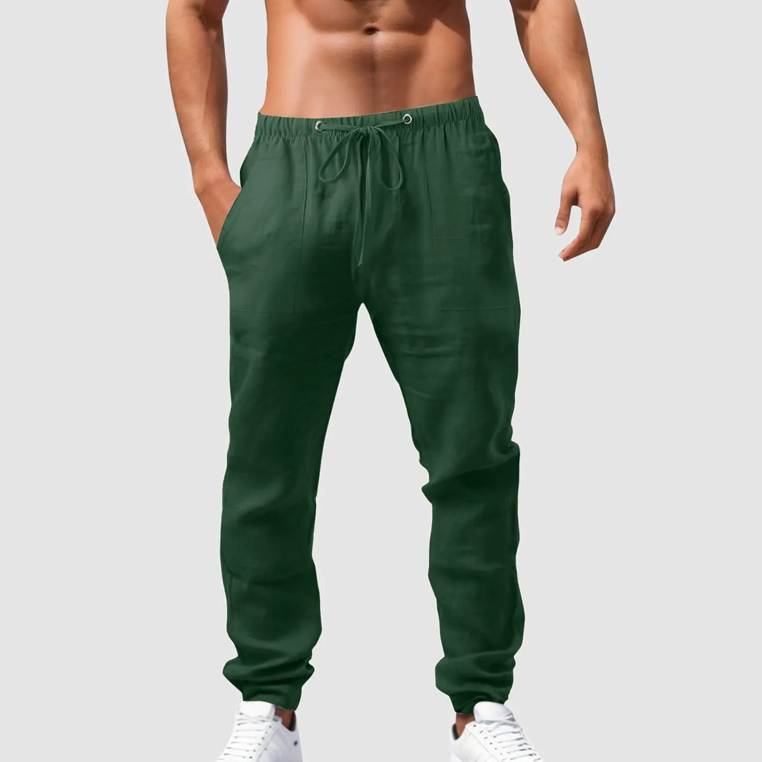 Mens Casual Linen Pants Straight-Leg Lightweight Joggers Loose Fit Pants Summer Hiking Hunting Beach Trousers