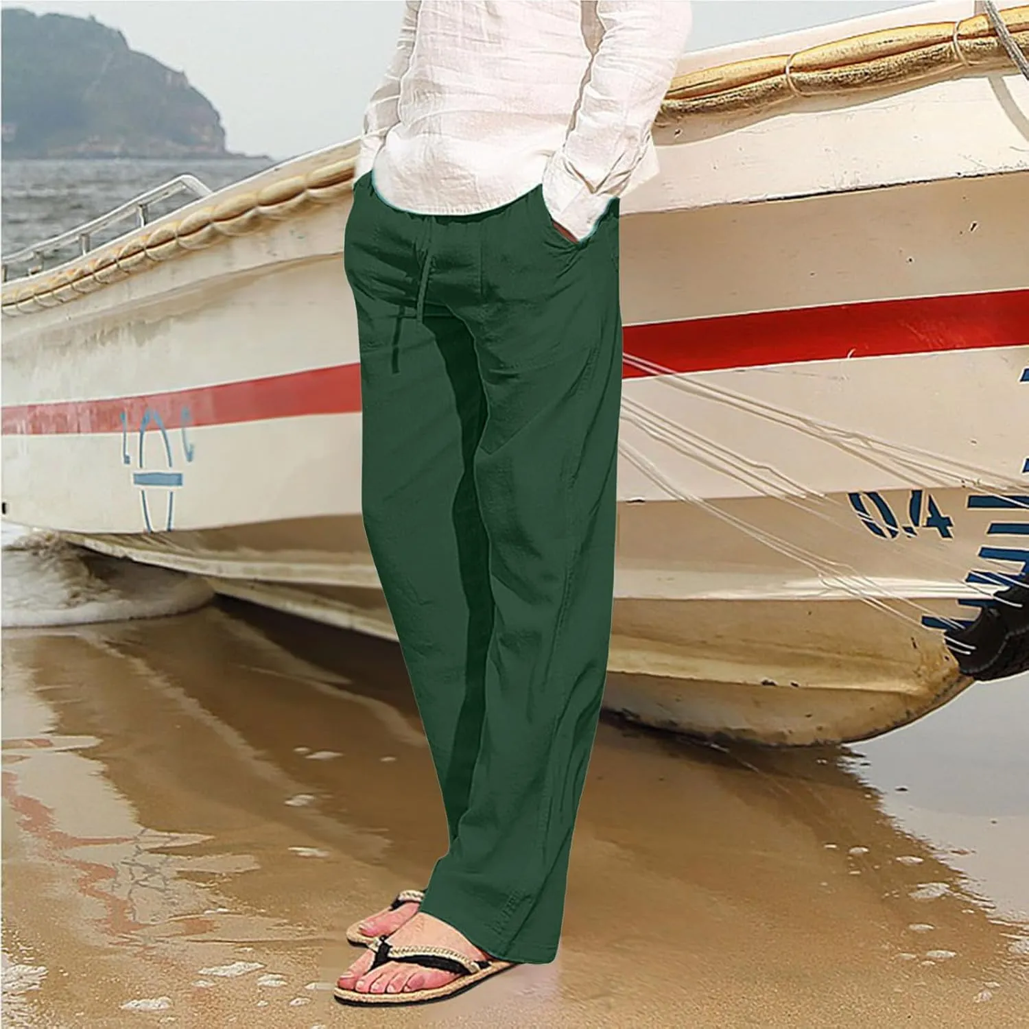 Mens Casual Linen Pants Straight-Leg Lightweight Joggers Loose Fit Pants Summer Hiking Hunting Beach Trousers