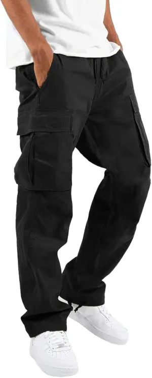 Men's Causal Waist Color Sports Cargo Pants Loose-Fit Classic Comfy Daily Wear with Multi-Pocket Trousers Joggers