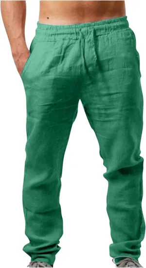 Men's Vintage Drawstring Casual Cotton Linen Pants Distressed Pleated Lightweight and Breathable Lounge Pants