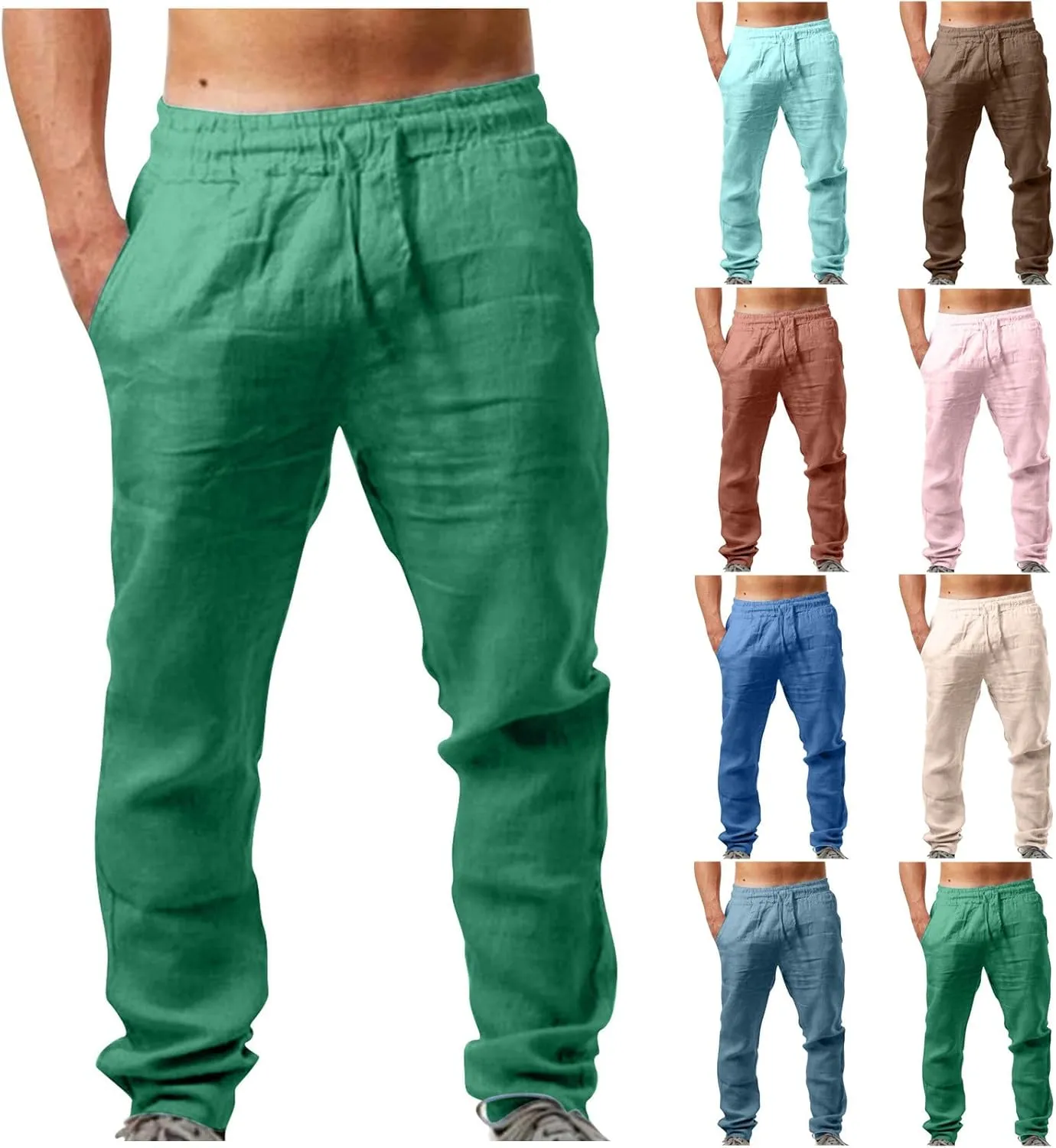 Men's Vintage Drawstring Casual Cotton Linen Pants Distressed Pleated Lightweight and Breathable Lounge Pants