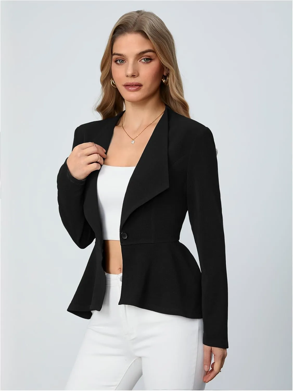 Milumia Women's Casual Work Peplum Ruffle Hem Lapel Long Sleeve Blazer Jacket with Padded Shoulder