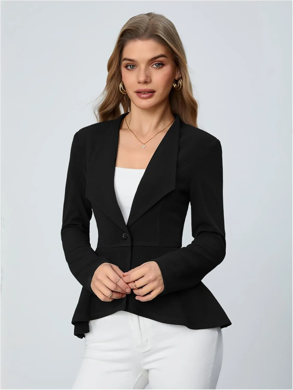 Milumia Women's Casual Work Peplum Ruffle Hem Lapel Long Sleeve Blazer Jacket with Padded Shoulder