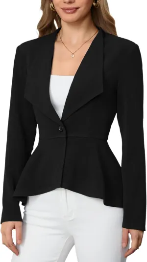 Milumia Women's Casual Work Peplum Ruffle Hem Lapel Long Sleeve Blazer Jacket with Padded Shoulder