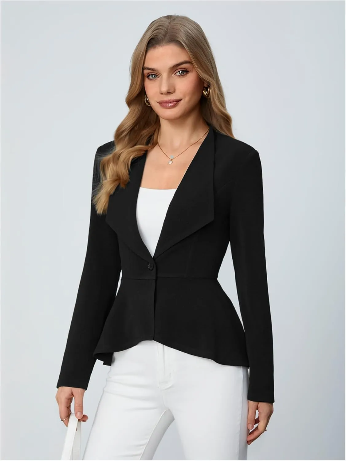 Milumia Women's Casual Work Peplum Ruffle Hem Lapel Long Sleeve Blazer Jacket with Padded Shoulder