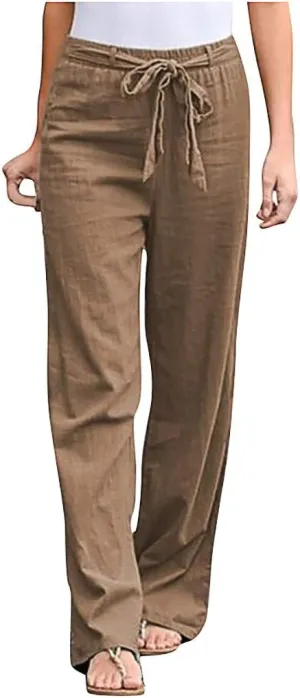 niuwa Women Cotton Linen Trousers Summer Solid Color Wide Leg Pants Elastic Waist Loose Lounge Pants Sweatpants (Khaki, XL)