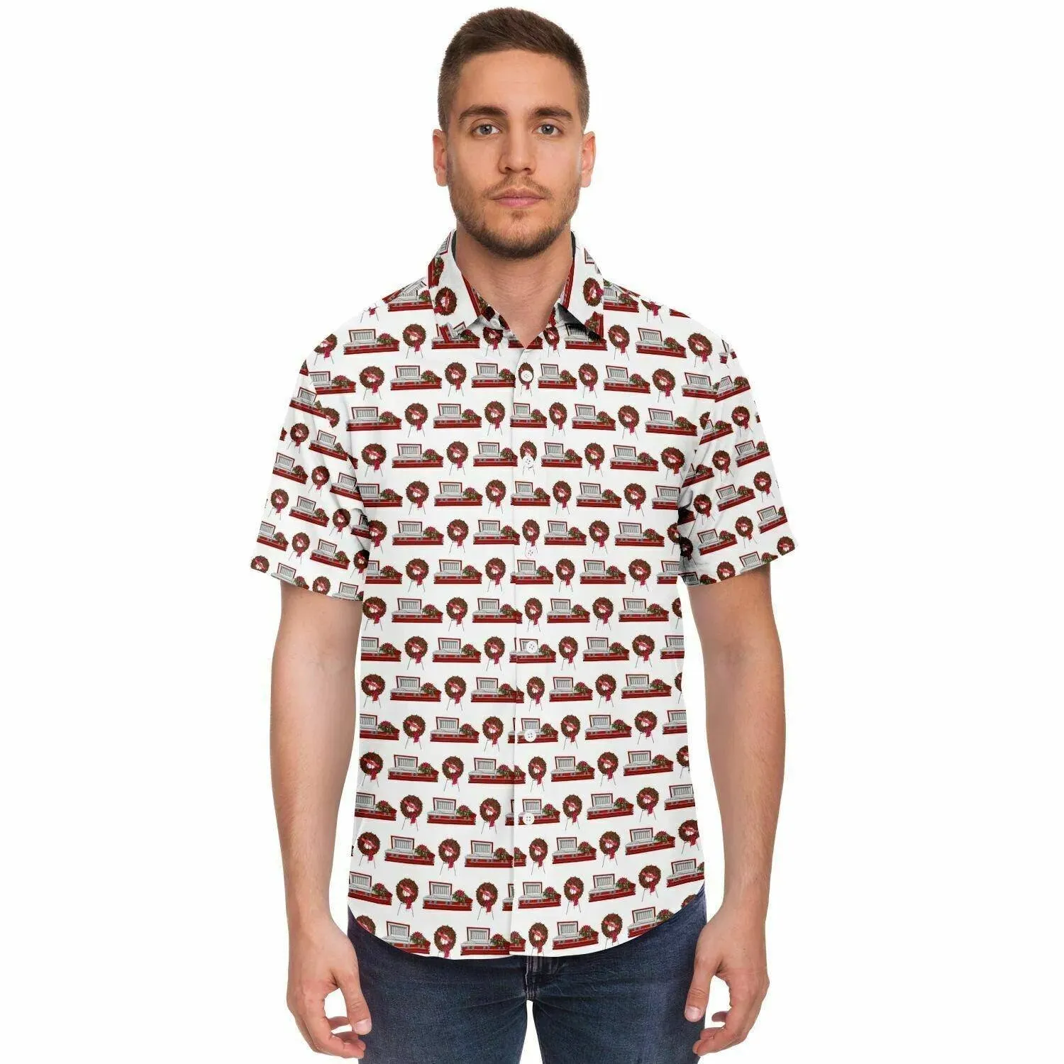 Red Rose Casket and Wreath - Button Up Tee