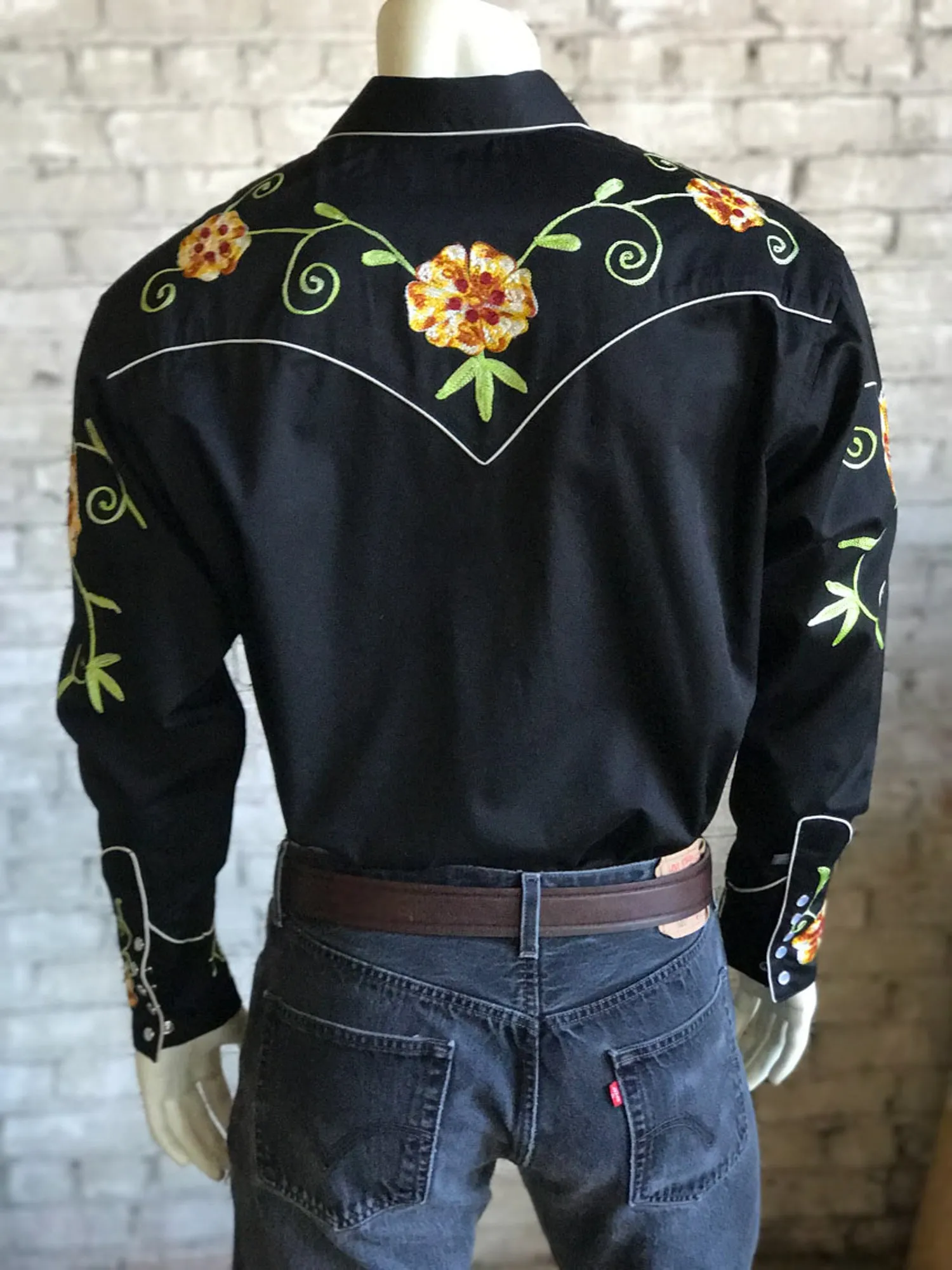 Rockmount Mens Floral Gabardine Black 100% Cotton L/S Shirt