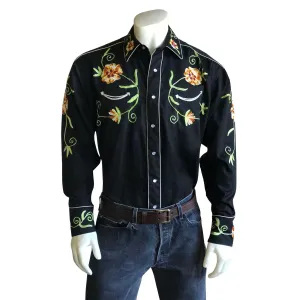 Rockmount Mens Floral Gabardine Black 100% Cotton L/S Shirt
