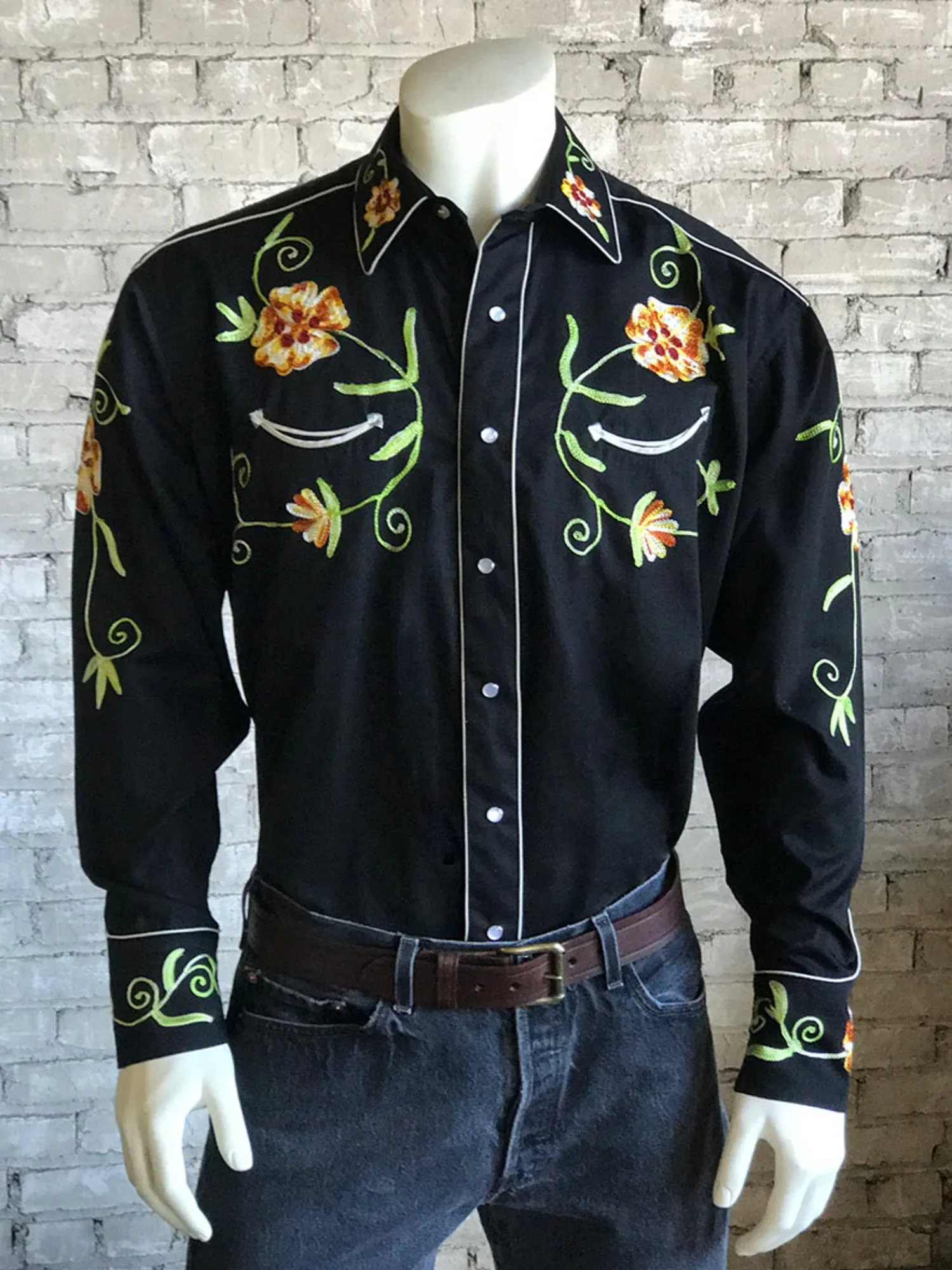 Rockmount Mens Floral Gabardine Black 100% Cotton L/S Shirt