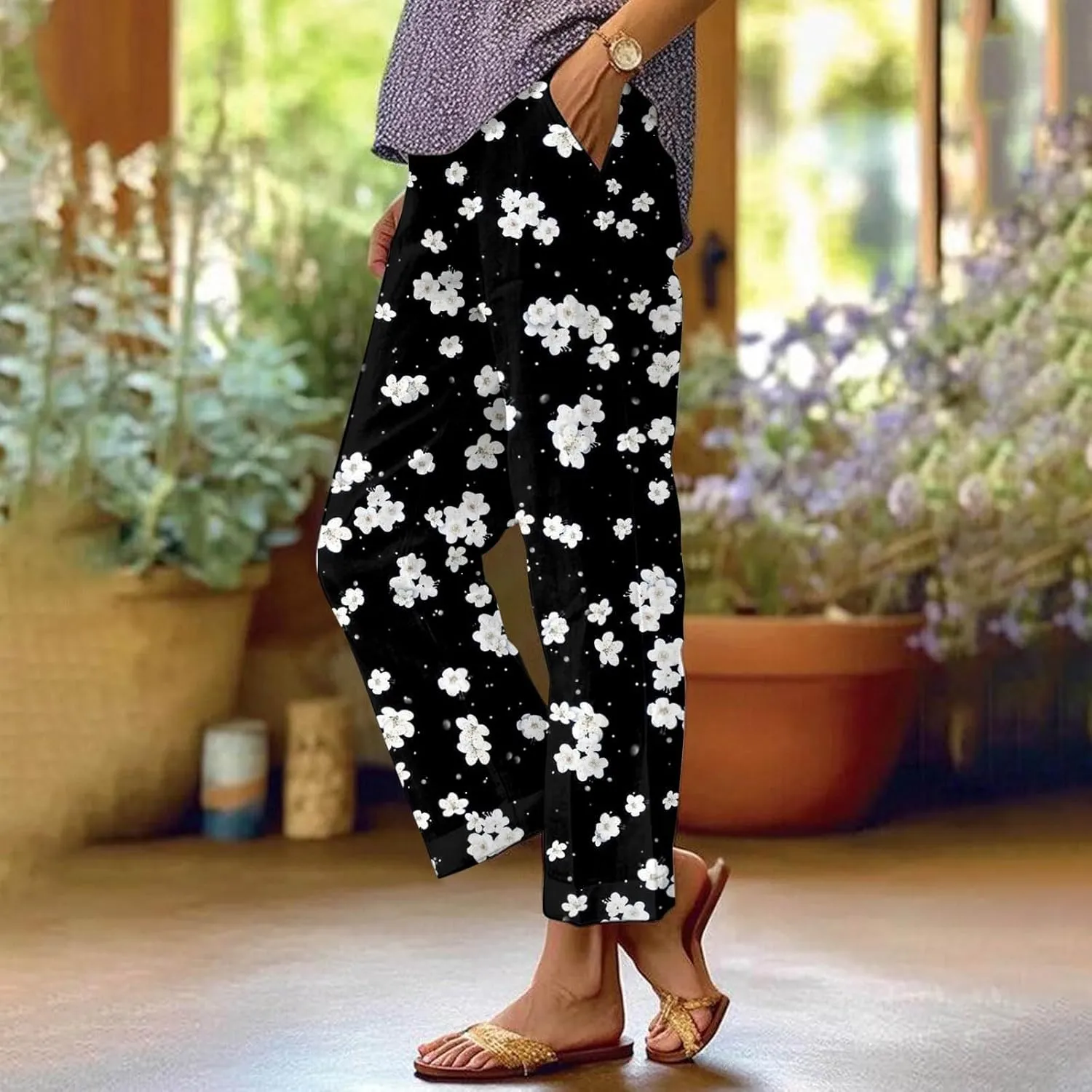 Summer Pants for Women 2025 Vacation Casual Boho Floral Print Cotton Linen Pants Fashion Wide Leg Stripe Lounge Pant