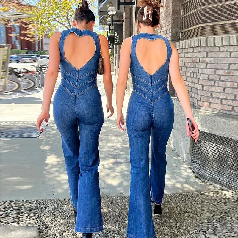 Trend4us Urban Chic Heart Backless Denim Jumpsuit