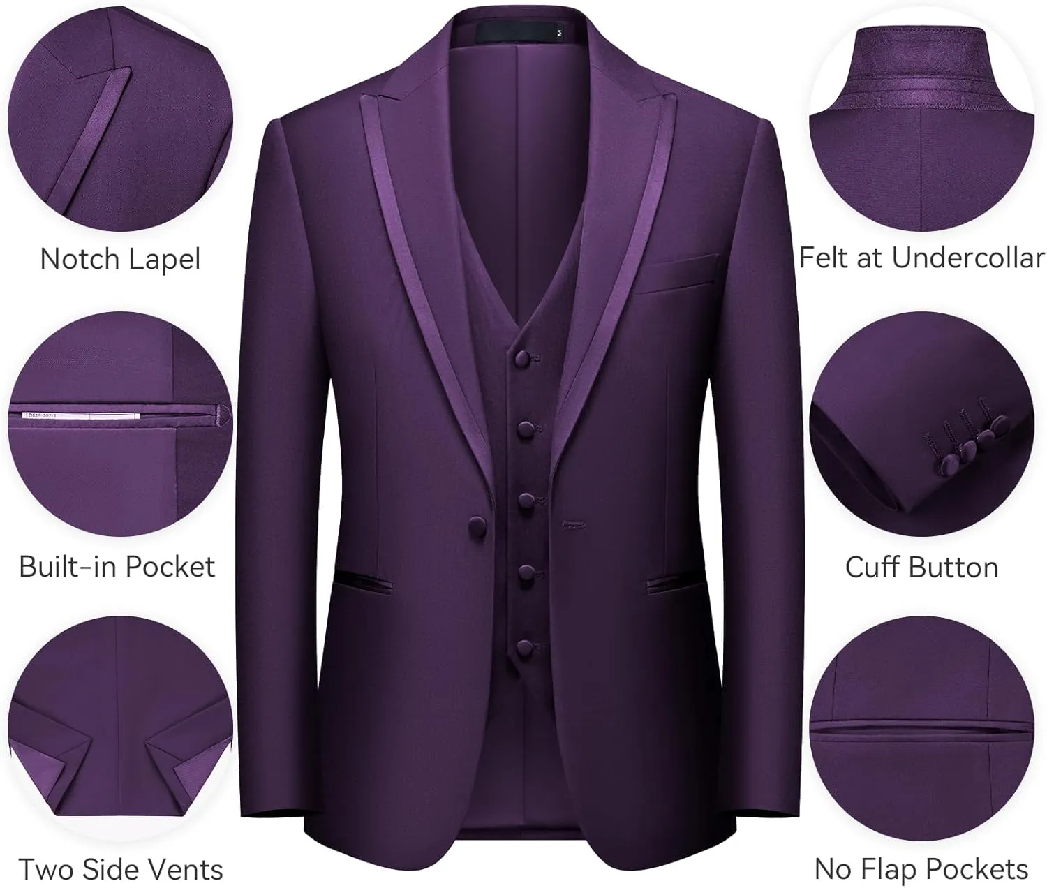WEEN CHARM Men's 3 Piece Suit One Button Blazer Jacket Vest Pants Set Slim Fit Formal Wedding Business Suit Tuxedo Suit