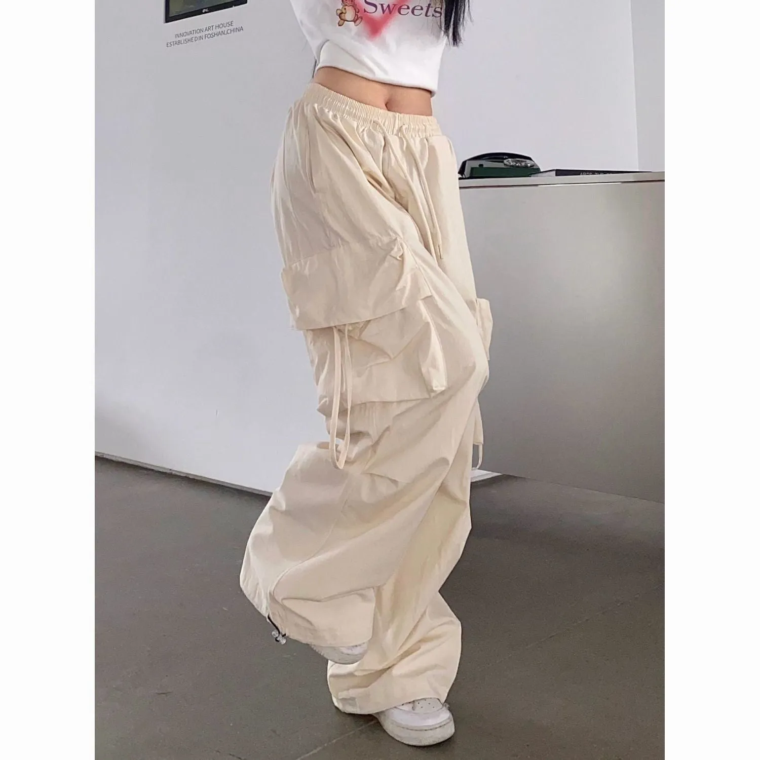 Wenkouban outfit ideas for school Fall street style Retro Straight Wide-Leg Pants Large Pocket Hip Hop Street Casual Pants White