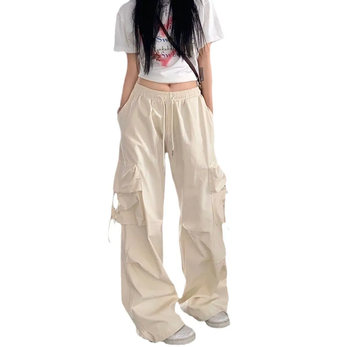 Wenkouban outfit ideas for school Fall street style Retro Straight Wide-Leg Pants Large Pocket Hip Hop Street Casual Pants White