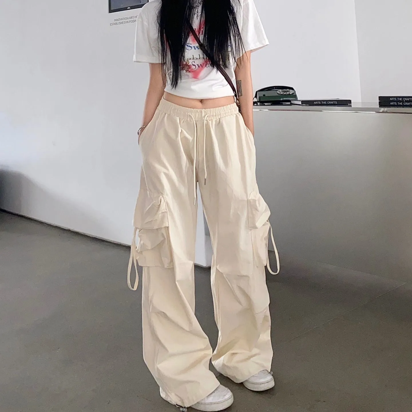 Wenkouban outfit ideas for school Fall street style Retro Straight Wide-Leg Pants Large Pocket Hip Hop Street Casual Pants White