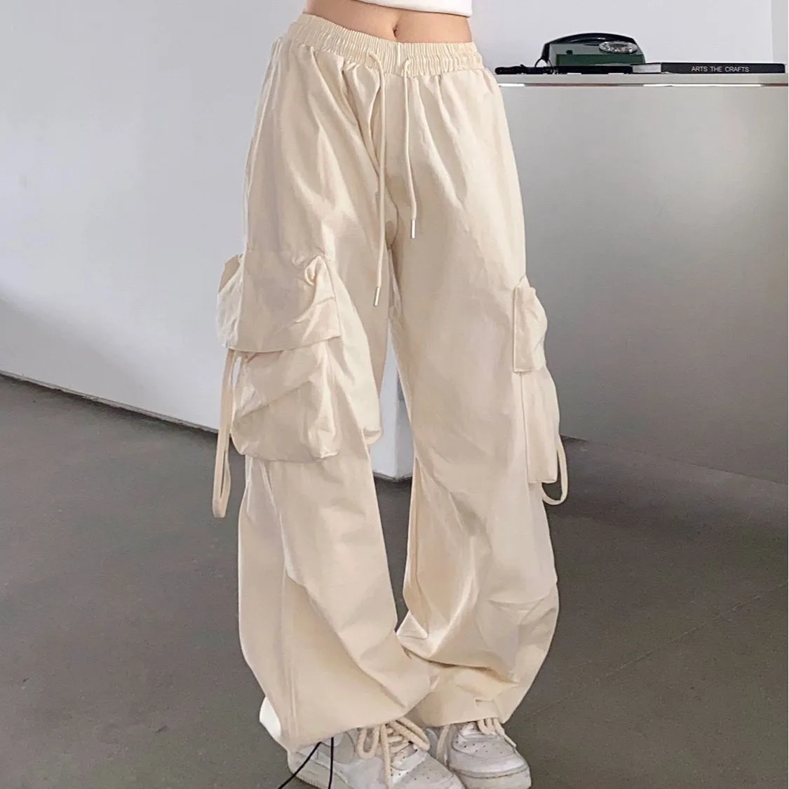 Wenkouban outfit ideas for school Fall street style Retro Straight Wide-Leg Pants Large Pocket Hip Hop Street Casual Pants White