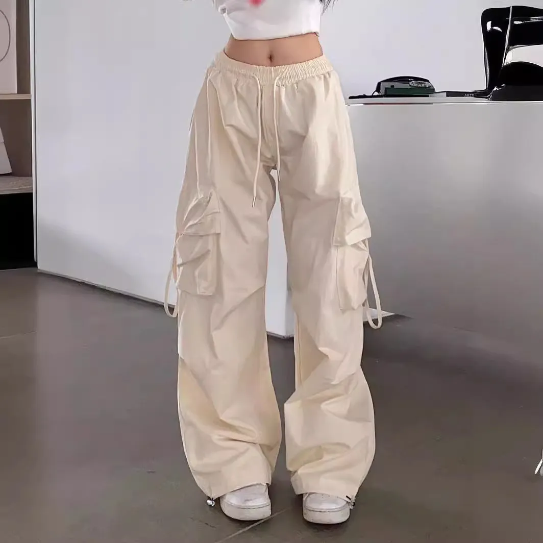 Wenkouban outfit ideas for school Fall street style Retro Straight Wide-Leg Pants Large Pocket Hip Hop Street Casual Pants White