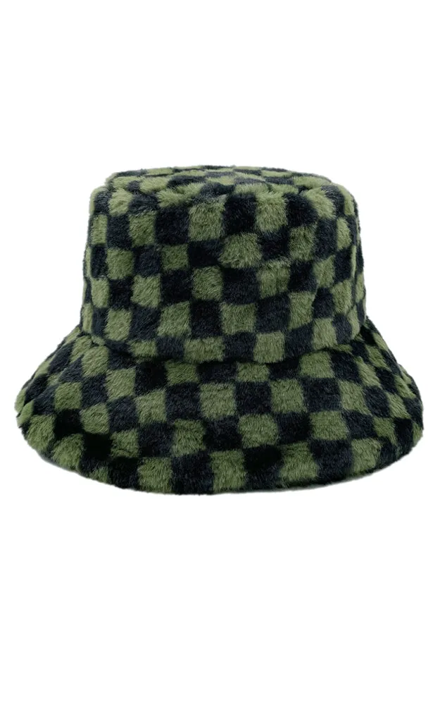 WHU220068 Check Pattern Soft Faux Fur Bucket Hat