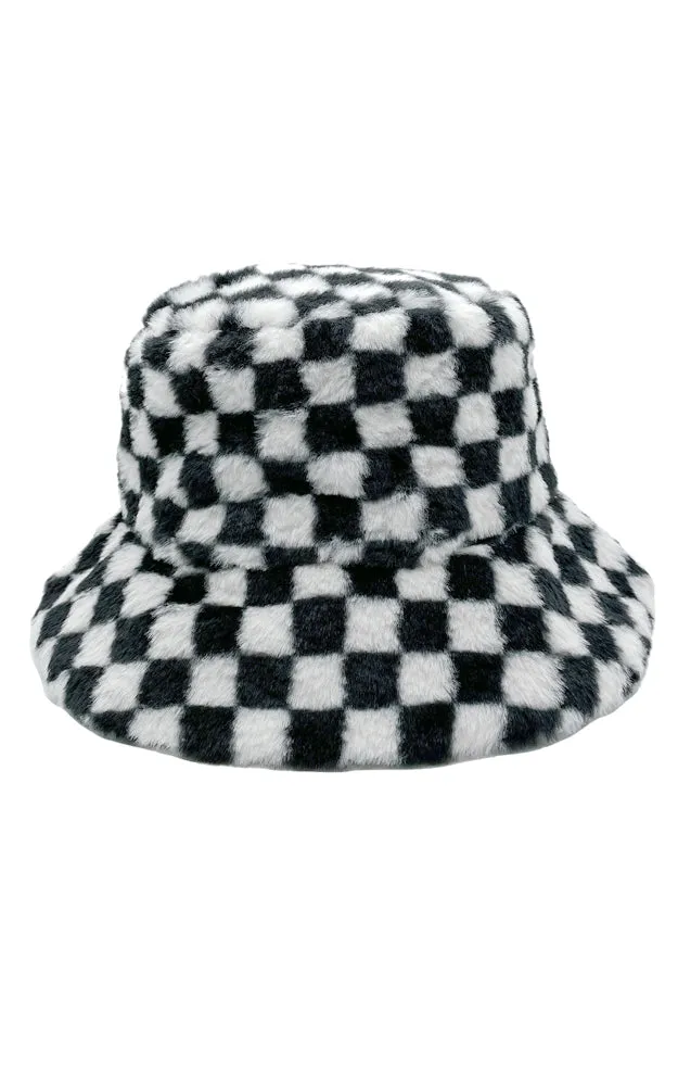 WHU220068 Check Pattern Soft Faux Fur Bucket Hat