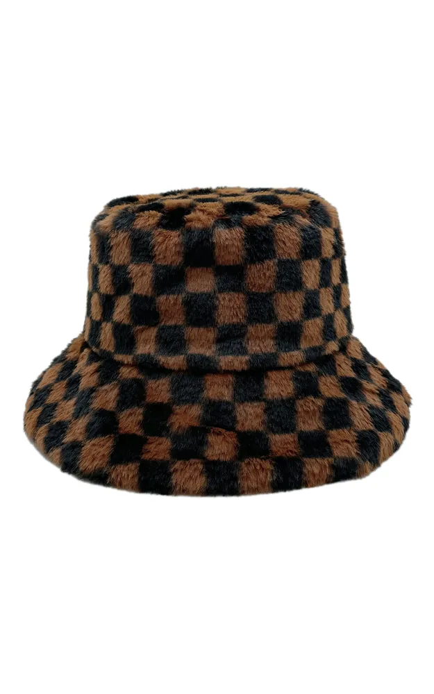 WHU220068 Check Pattern Soft Faux Fur Bucket Hat