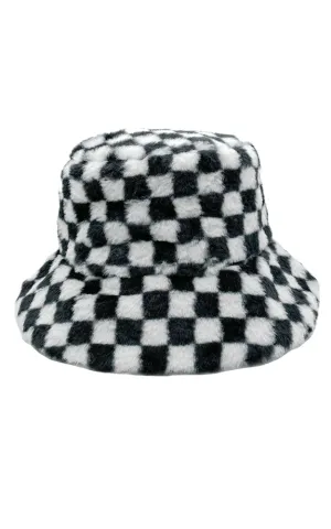 WHU220068 Check Pattern Soft Faux Fur Bucket Hat