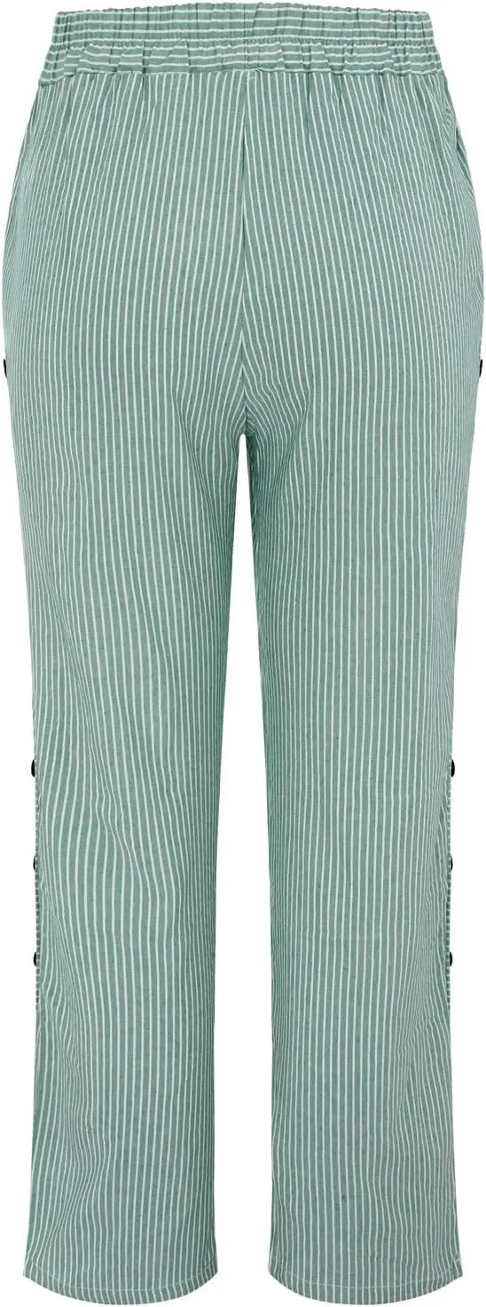 Women Fashion Striped Linen Pants Casual High Waist Capri Straight Leg 2025 Spring Summer Trousers with Pockets