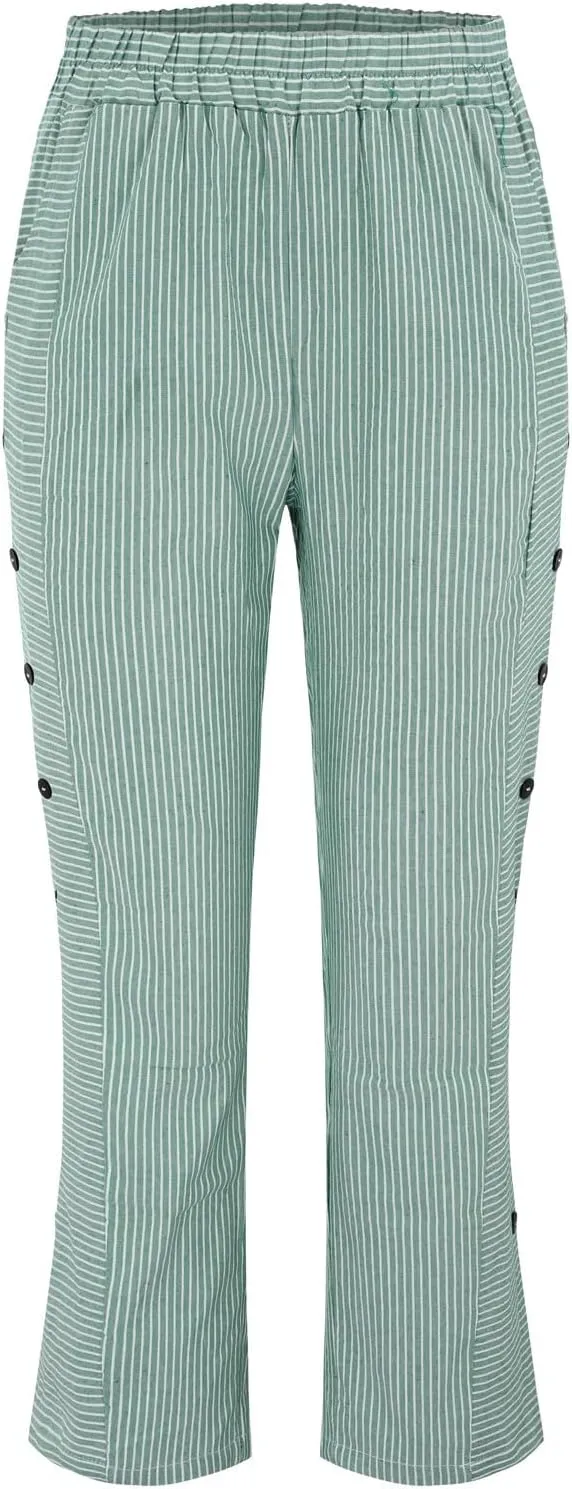Women Fashion Striped Linen Pants Casual High Waist Capri Straight Leg 2025 Spring Summer Trousers with Pockets