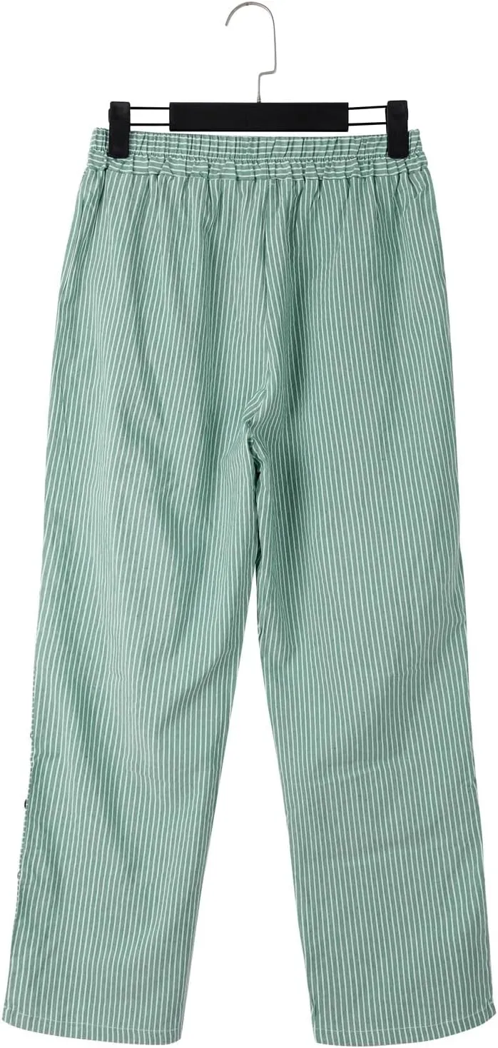 Women Fashion Striped Linen Pants Casual High Waist Capri Straight Leg 2025 Spring Summer Trousers with Pockets