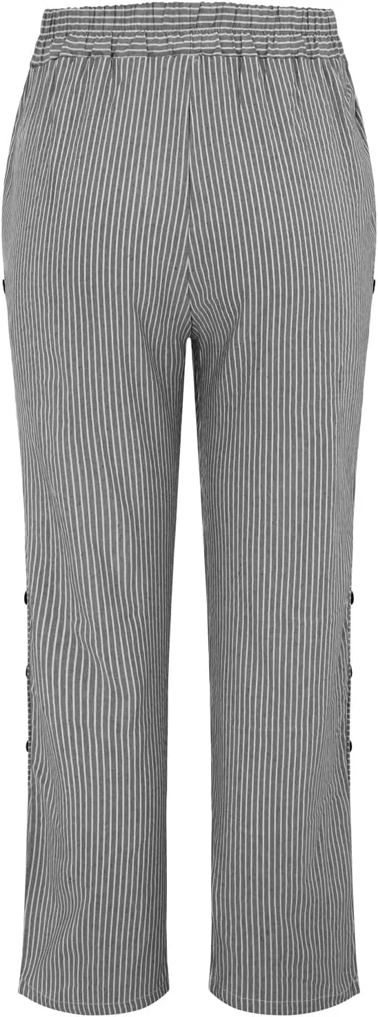 Women Fashion Striped Linen Pants Casual High Waist Capri Straight Leg 2025 Spring Summer Trousers with Pockets