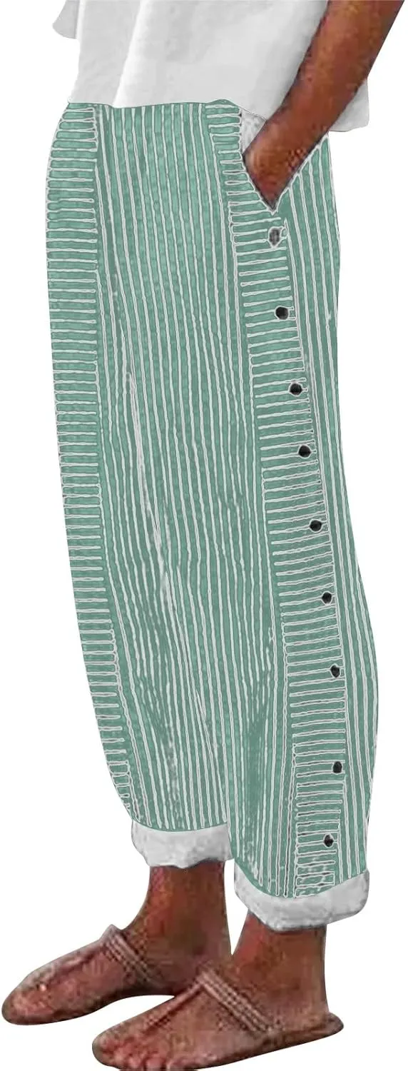 Women Fashion Striped Linen Pants Casual High Waist Capri Straight Leg 2025 Spring Summer Trousers with Pockets