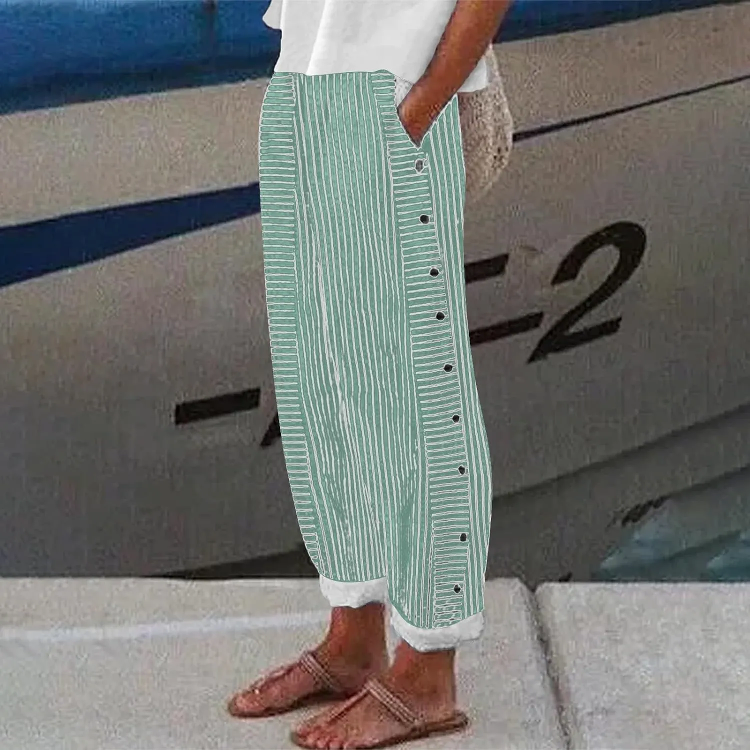 Women Fashion Striped Linen Pants Casual High Waist Capri Straight Leg 2025 Spring Summer Trousers with Pockets