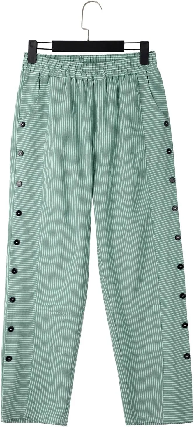Women Fashion Striped Linen Pants Casual High Waist Capri Straight Leg 2025 Spring Summer Trousers with Pockets
