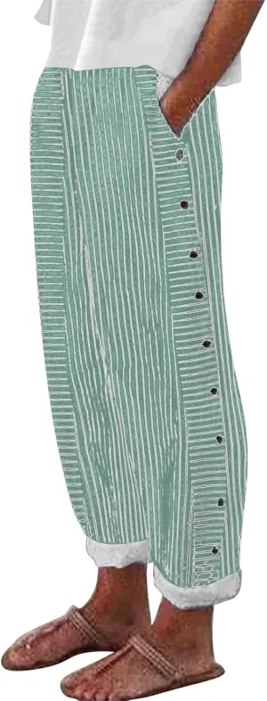 Women Fashion Striped Linen Pants Casual High Waist Capri Straight Leg 2025 Spring Summer Trousers with Pockets