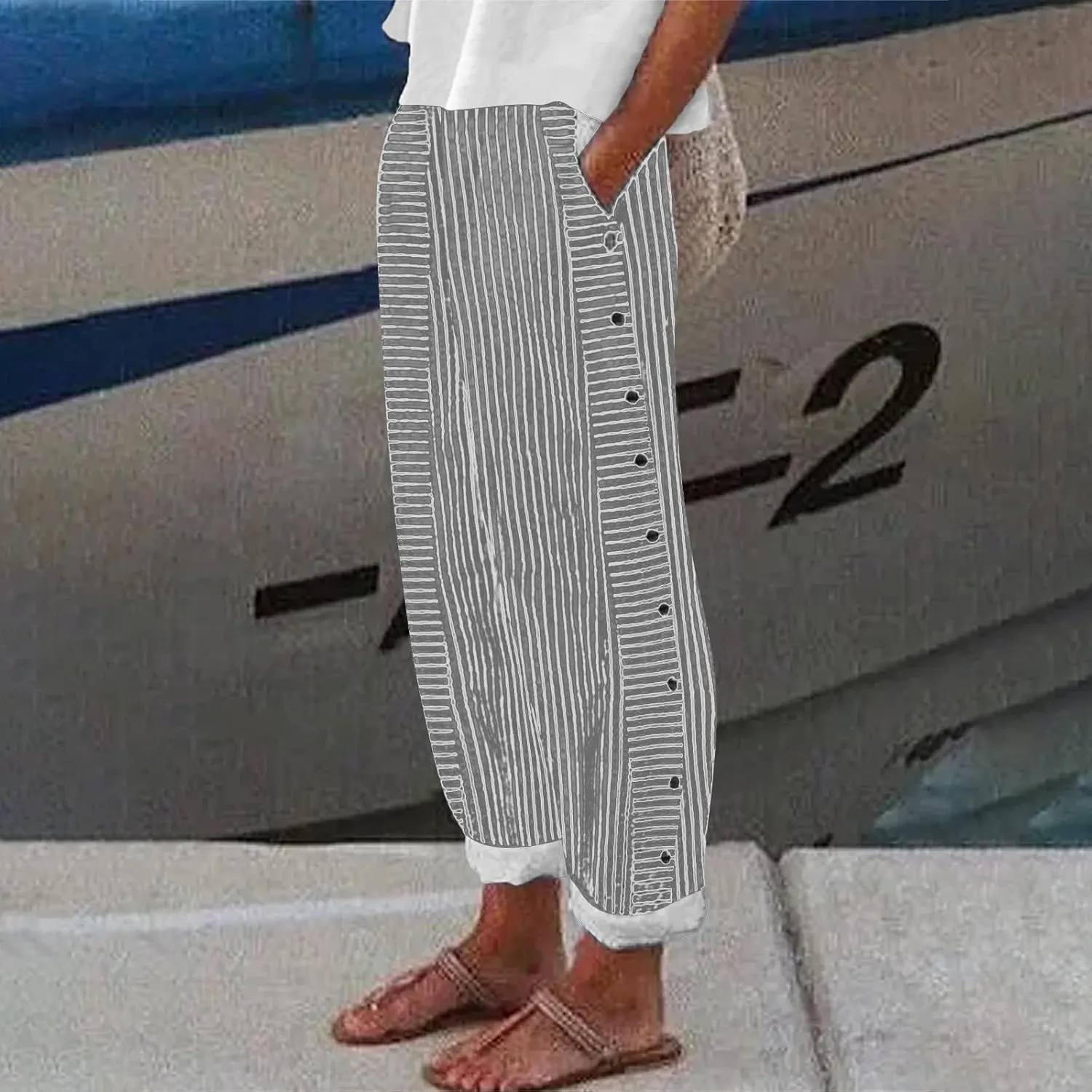 Women Fashion Striped Linen Pants Casual High Waist Capri Straight Leg 2025 Spring Summer Trousers with Pockets