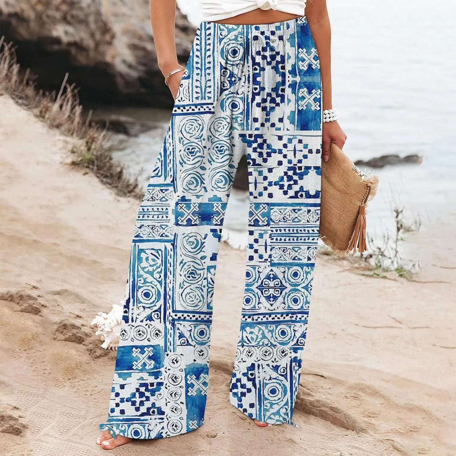 Women Linen Palazzo Pants High Waist Summer Casual Retro Printed Wide Leg Pants Flowy Drawstring Yoga Beach Trousers