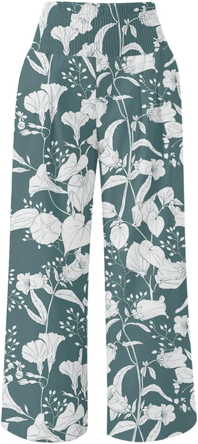 Women Linen Palazzo Pants High Waist Summer Casual Retro Printed Wide Leg Pants Flowy Drawstring Yoga Beach Trousers