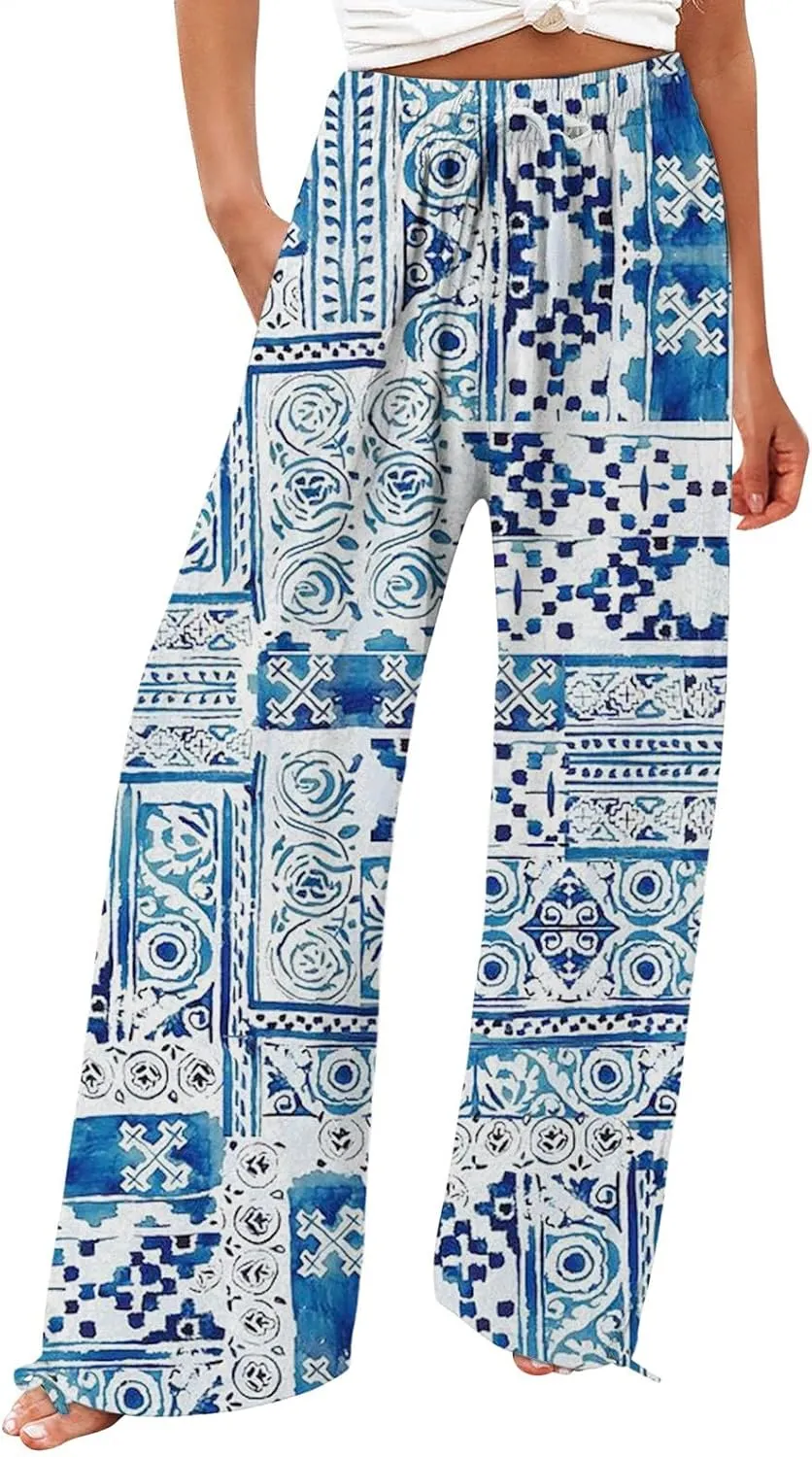 Women Linen Palazzo Pants High Waist Summer Casual Retro Printed Wide Leg Pants Flowy Drawstring Yoga Beach Trousers