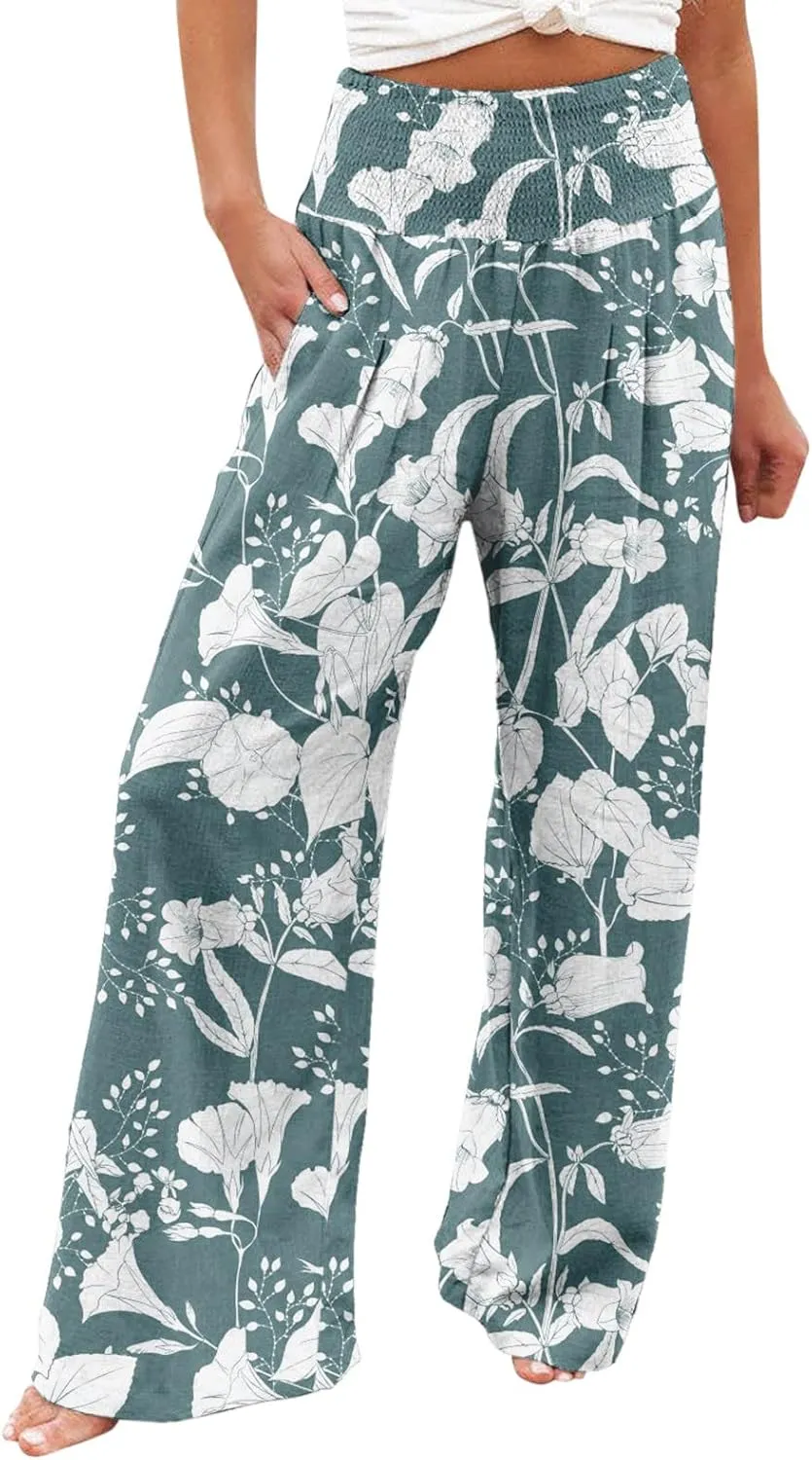 Women Linen Palazzo Pants High Waist Summer Casual Retro Printed Wide Leg Pants Flowy Drawstring Yoga Beach Trousers
