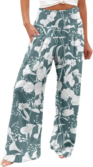 Women Linen Palazzo Pants High Waist Summer Casual Retro Printed Wide Leg Pants Flowy Drawstring Yoga Beach Trousers