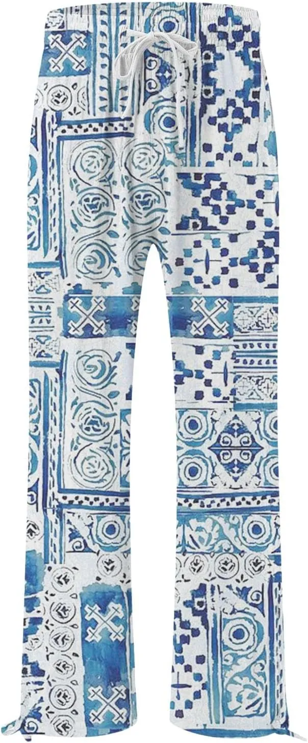 Women Linen Palazzo Pants High Waist Summer Casual Retro Printed Wide Leg Pants Flowy Drawstring Yoga Beach Trousers