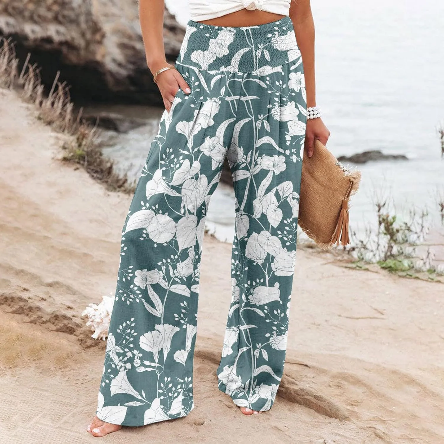 Women Linen Palazzo Pants High Waist Summer Casual Retro Printed Wide Leg Pants Flowy Drawstring Yoga Beach Trousers