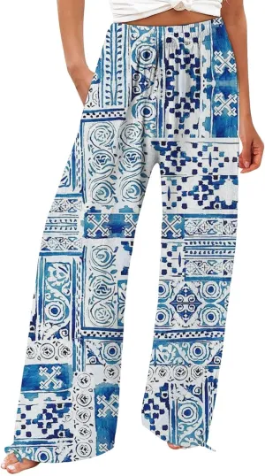 Women Linen Palazzo Pants High Waist Summer Casual Retro Printed Wide Leg Pants Flowy Drawstring Yoga Beach Trousers