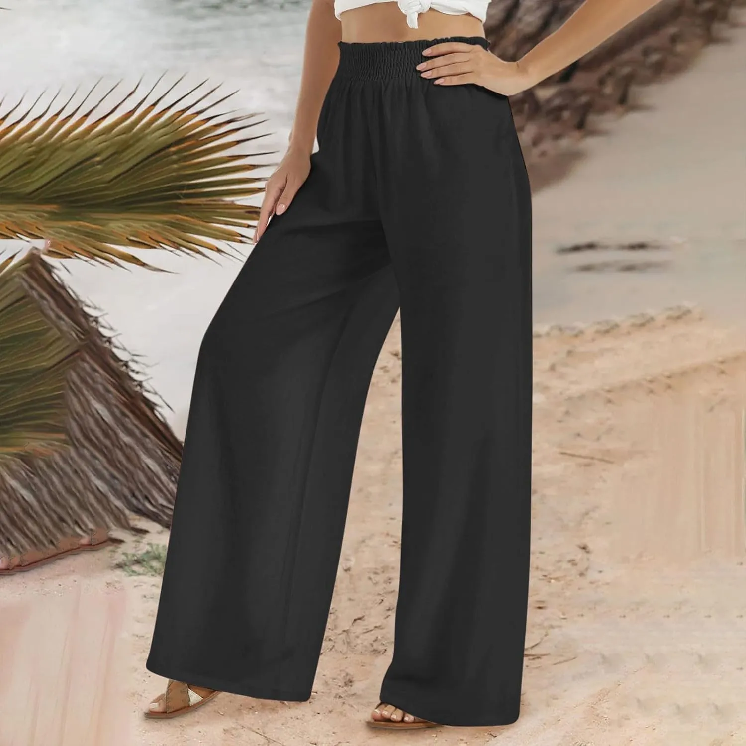 Women Summer Smocked Cotton Linen Palazzo Pants High Waisted Wide Leg Lounge Pant Boho Trousers Joggers with Pockets