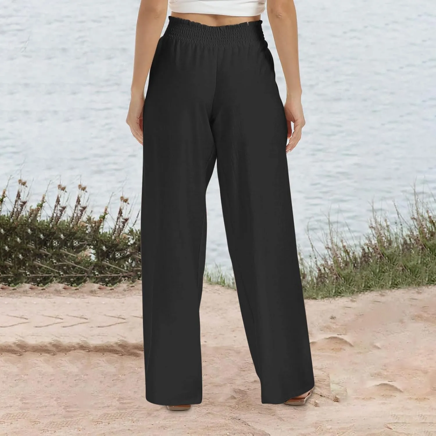 Women Summer Smocked Cotton Linen Palazzo Pants High Waisted Wide Leg Lounge Pant Boho Trousers Joggers with Pockets