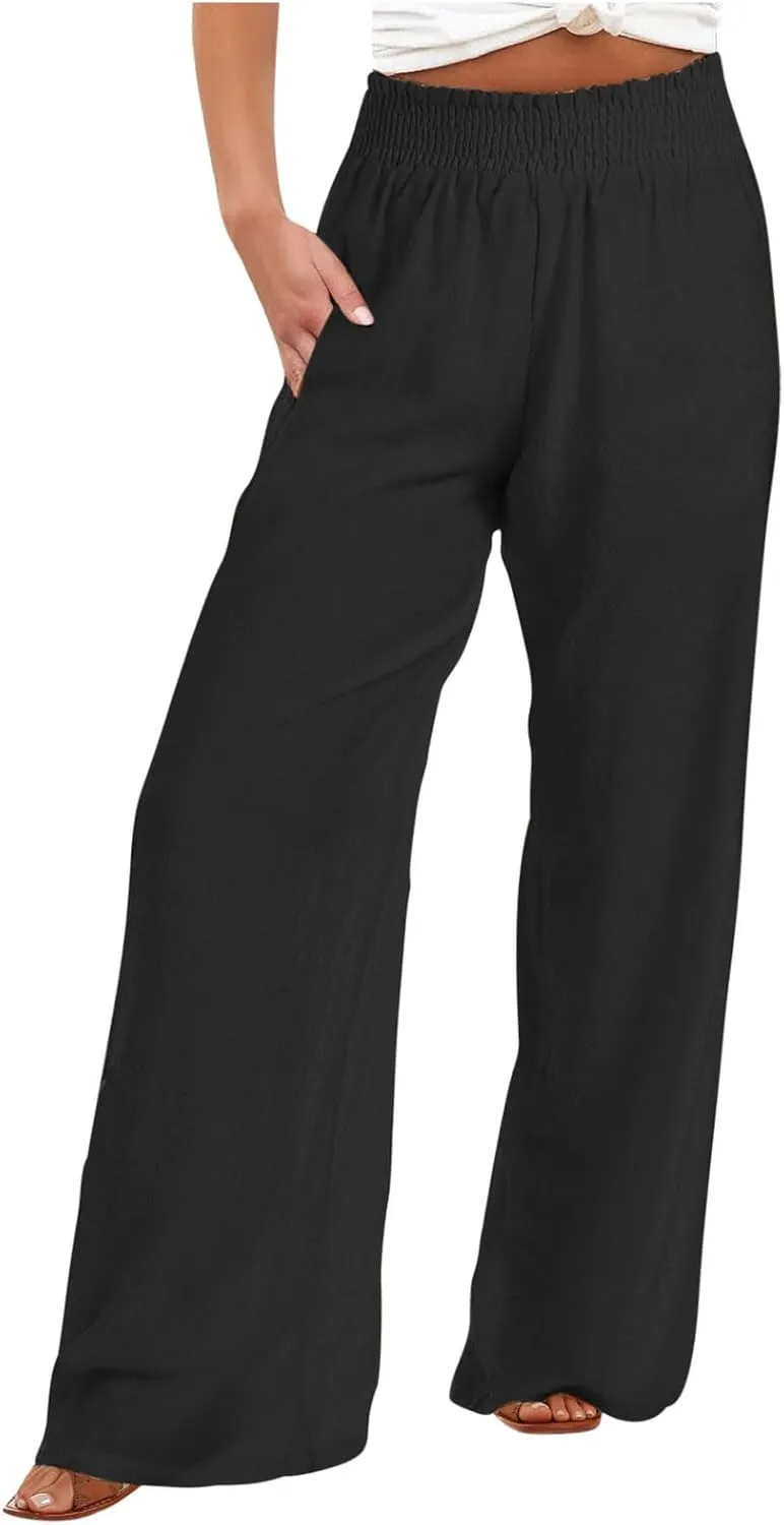 Women Summer Smocked Cotton Linen Palazzo Pants High Waisted Wide Leg Lounge Pant Boho Trousers Joggers with Pockets