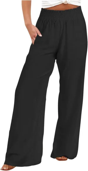 Women Summer Smocked Cotton Linen Palazzo Pants High Waisted Wide Leg Lounge Pant Boho Trousers Joggers with Pockets
