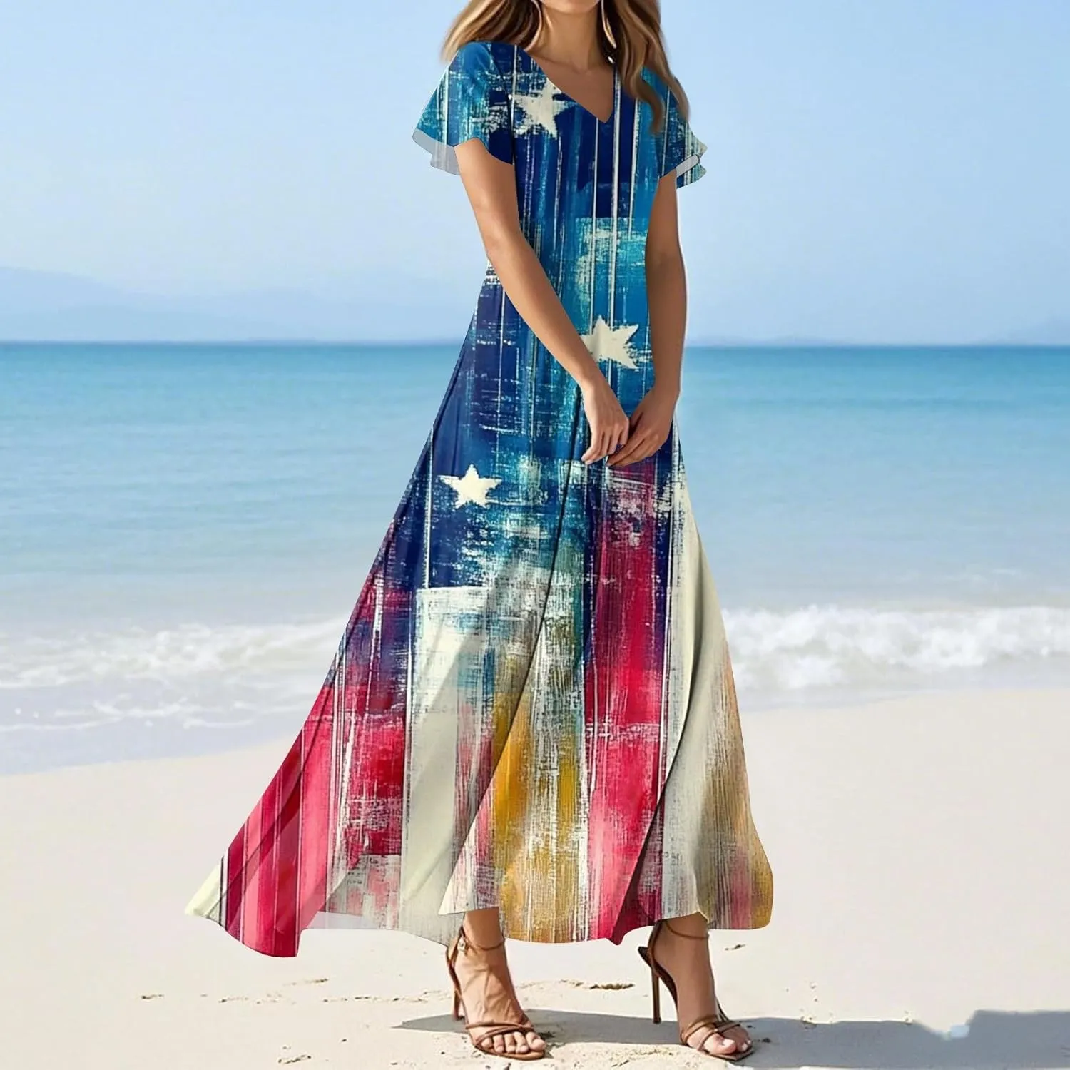 Women's Boho Summer Dresses Casual V-Neck Short Sleeve Maxi Dress High Waist Big Swing Loose Long Beach Sundress